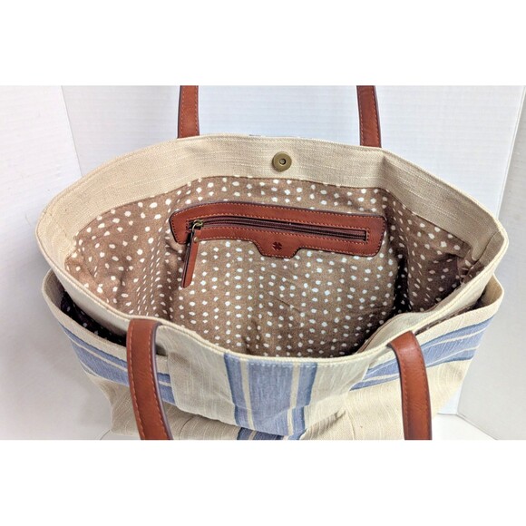 Lucky Brand Cora Fabric Tote Cream Blue Stripes Bohemian Tassel Leather Handles - Picture 8 of 10